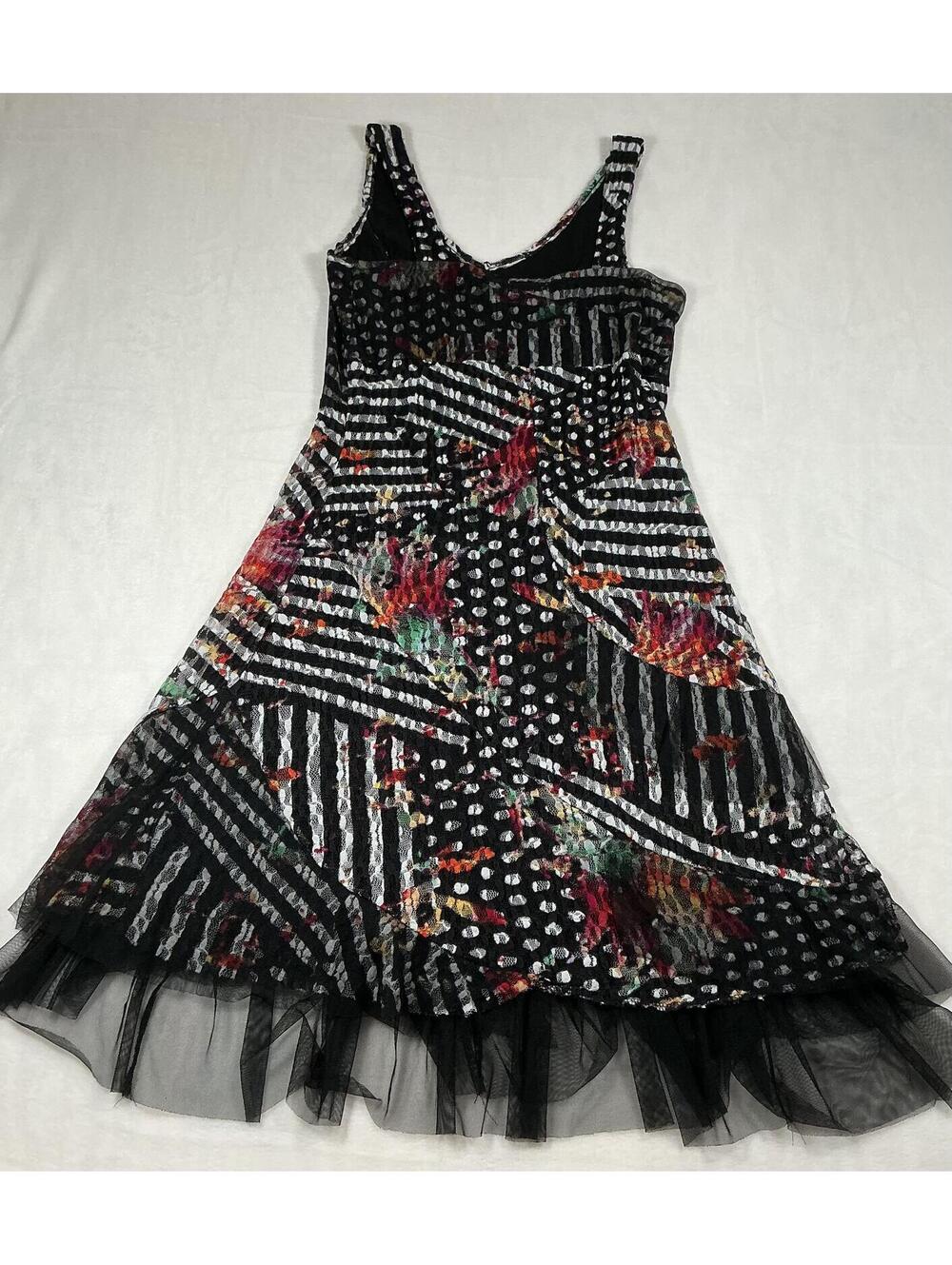 Tango Mango Vintage Black Multicolor Floral Striped Tulle Hem Dress Size S - Picture 3 of 7